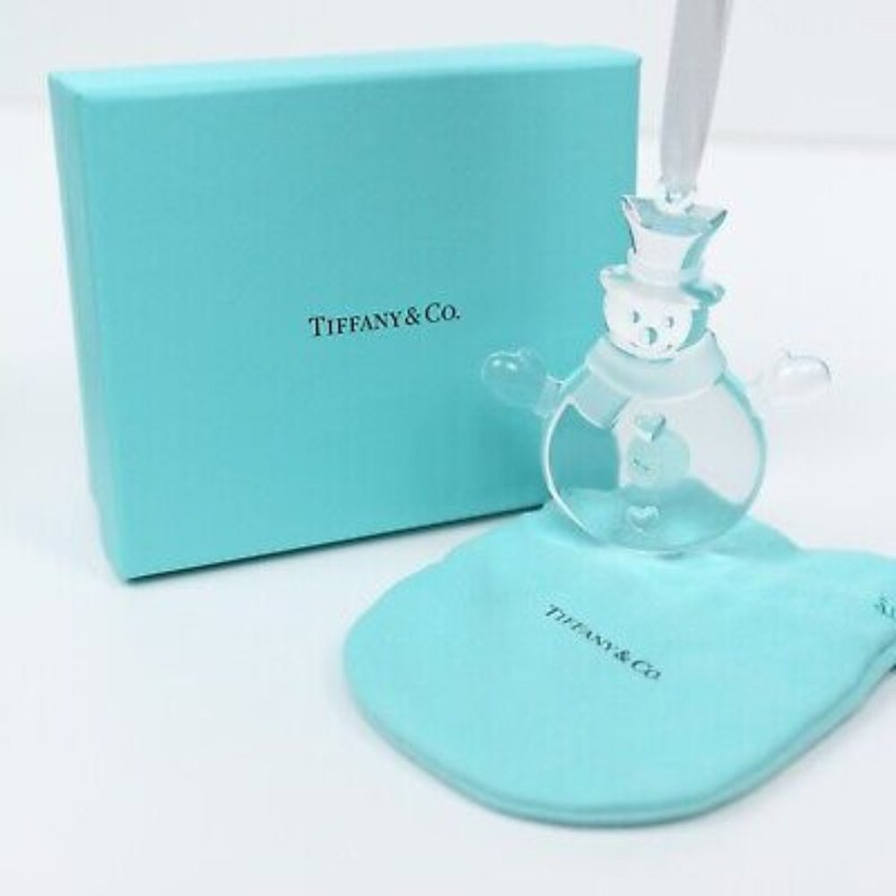 Tiffany & Co Snowman with Scarf Glass Crystal Christmas Ornament Bag Germany